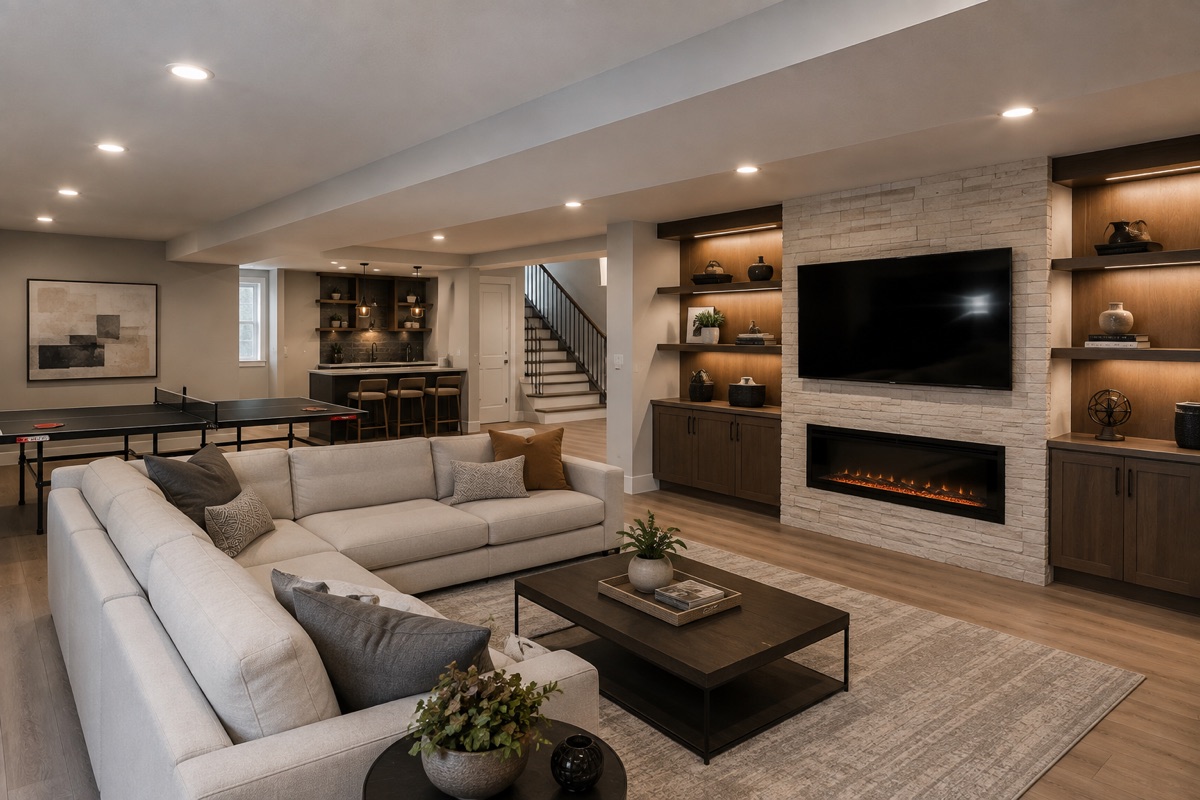 Finished basement living space with built-ins